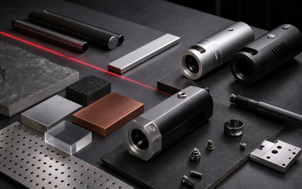 Precision material samples and incomplete metal components arranged in a premium editorial still life with a controlled red light line