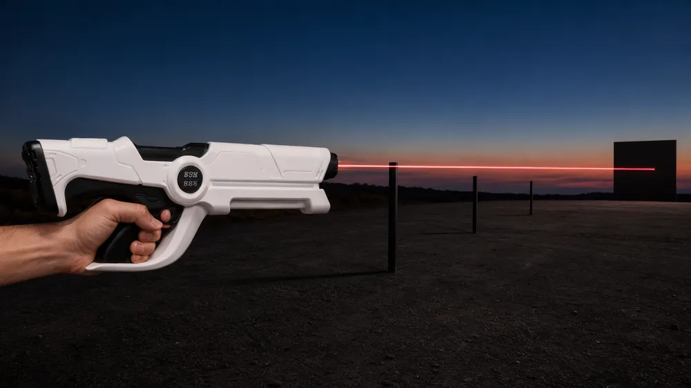 Representational Beam Cannon MK-V distance-scale scene with one straight red beam aligned past 5, 10, and 15 meter markers at dusk