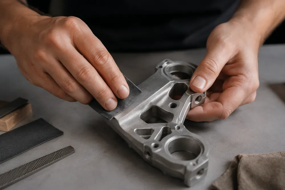 Anonymous adult hands performing one precise finishing action on a neutral incomplete metal component