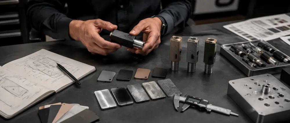 Skilled adult hands at a clean workbench comparing multiple neutral components, finish samples, and a caliper during a custom fit check