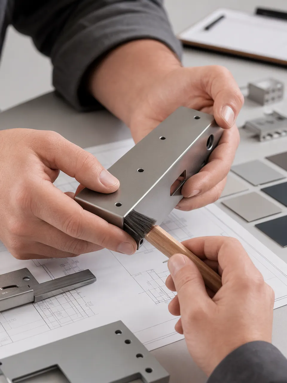 Close view of skilled hands brushing and inspecting the edge finish of a neutral metal component on a clean workbench