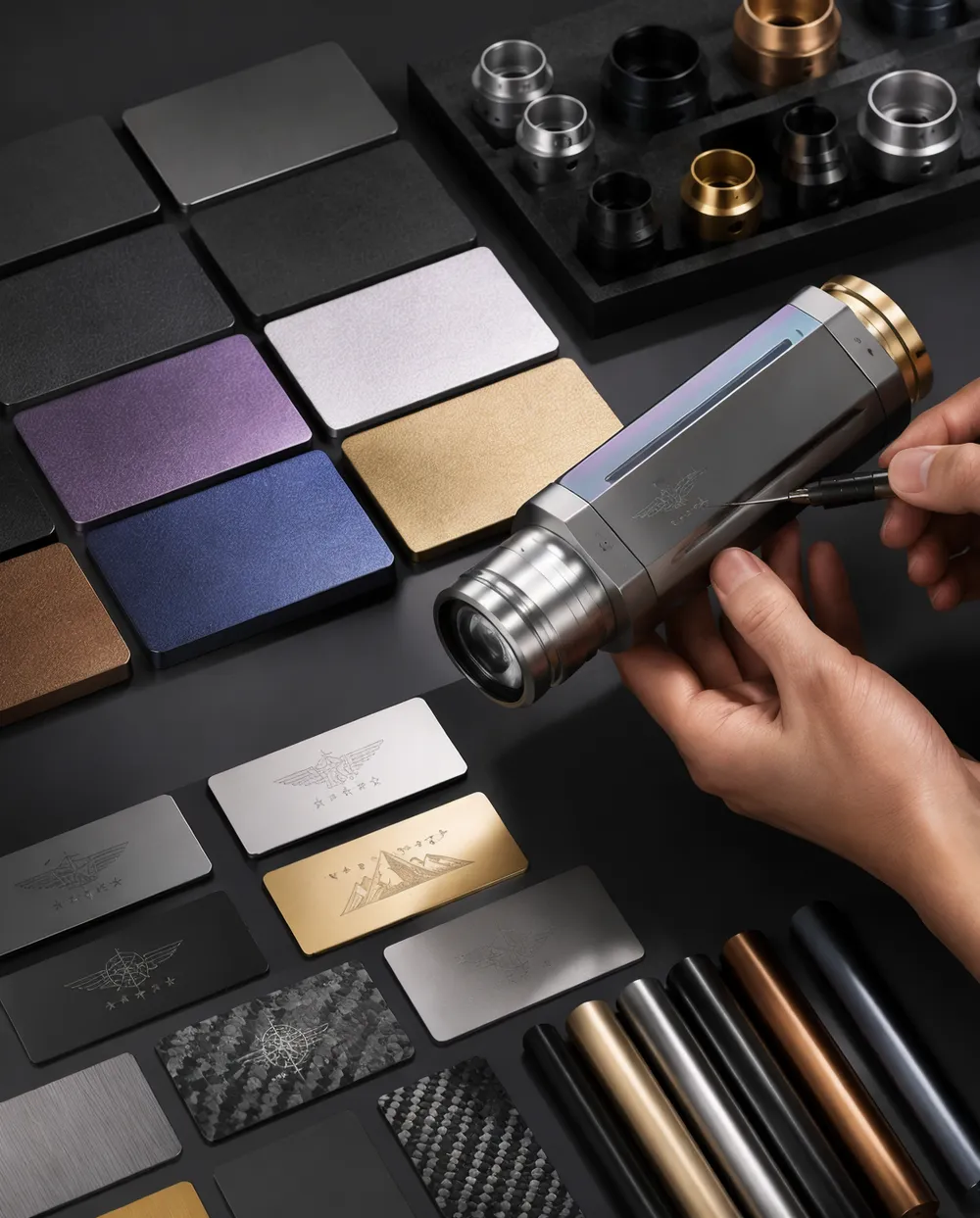 Matched finish and texture sample panels arranged with interchangeable neutral metal components under controlled studio light