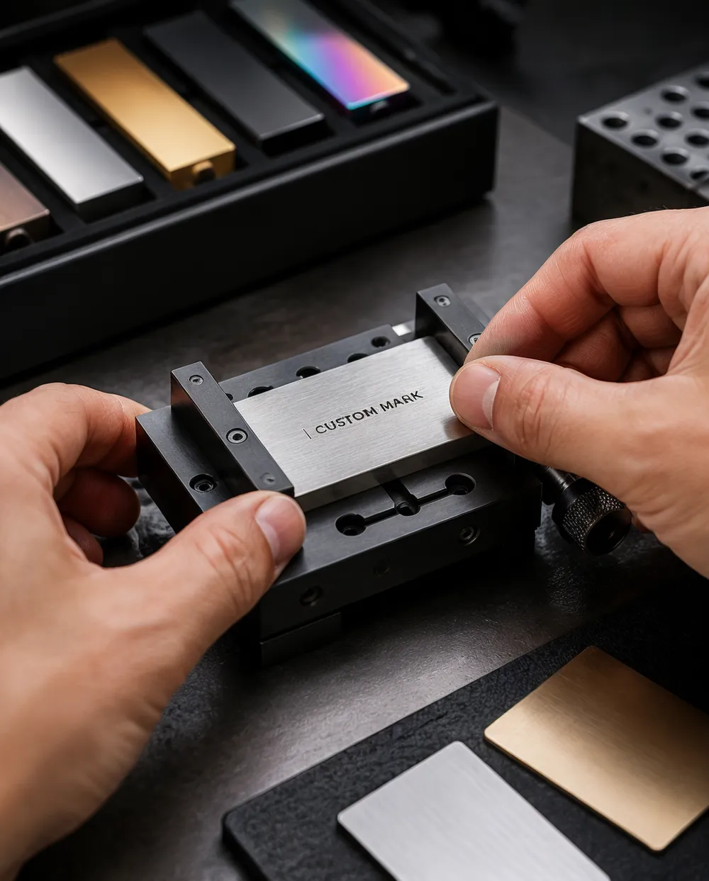 Hands positioning a neutral blank metal test coupon in a small jig for a precise non-semantic registration test