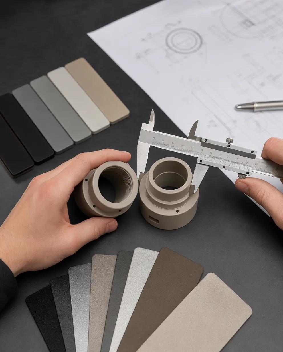 Hands using a caliper to verify the fit of two neutral components beside finish samples and a non-legible specification sketch
