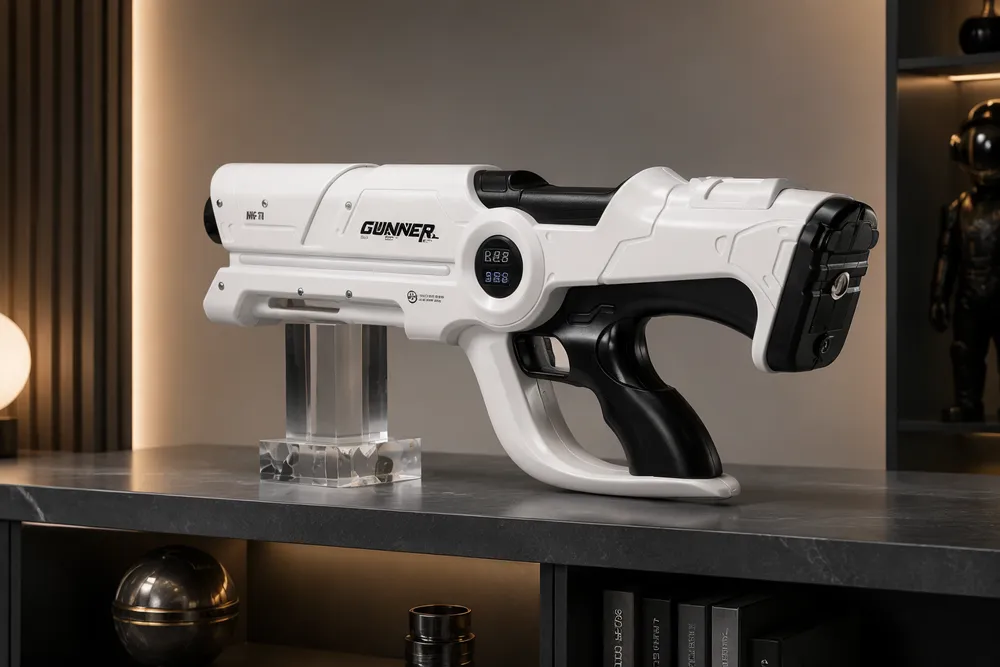 Powered-off Beam Cannon MK-V presented as a premium large-format collectible on a modern display console, with its complete 54 cm white-and-black body, grip, hand frame, narrow front, and broad rear clearly visible