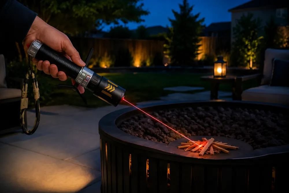 KyberSpark X held correctly by an adult at blue hour in a polished backyard campaign scene, its native black-and-yellow head aiming one straight thin red beam at prepared tinder inside a controlled metal fire ring