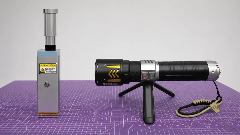 KyberSpark X (30 × 7 × 7 cm alloy flashlight form) and KyberSpark Core V2 (160 × 52 × 52 mm compact metal body) side by side on a neutral surface, scale difference clearly readable
