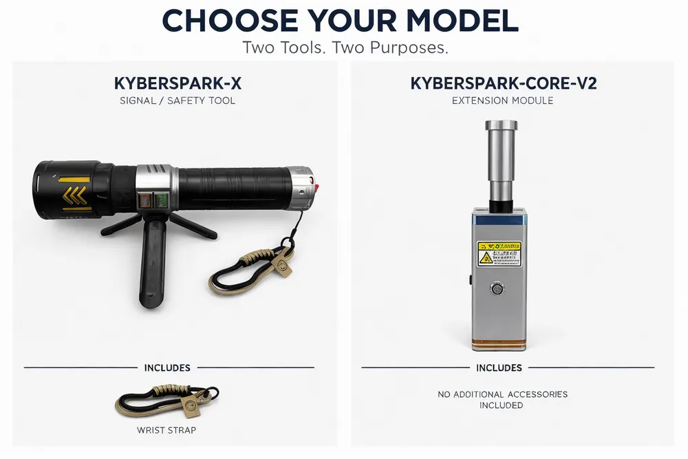 KyberSpark X protective goggles and KyberSpark Core V2 aluminum-alloy box shown side by side as representative package highlights from each model