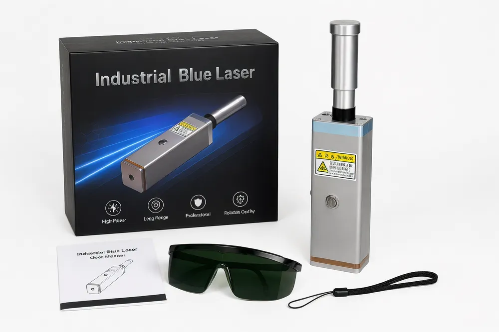 KyberSpark Core V2 with all included items: device, charger, anti-laser glasses, small lens, aluminum-alloy packaging box open beside it