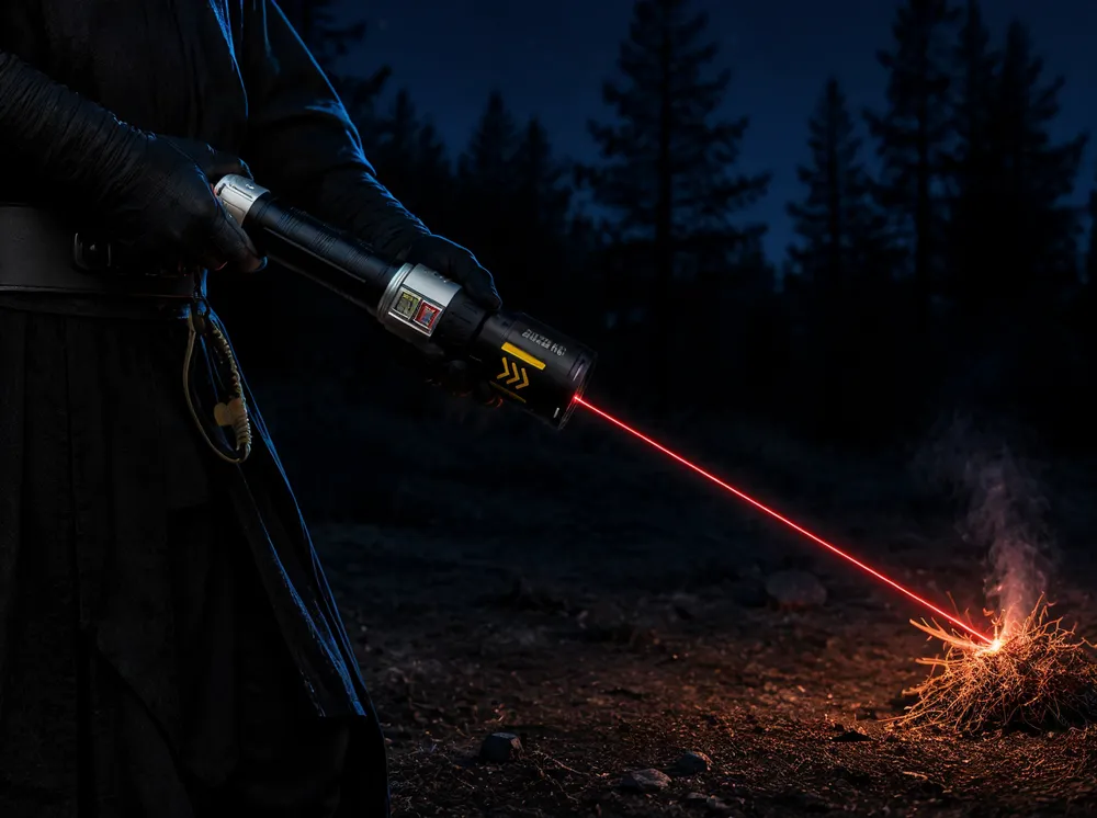 KyberSpark X held outdoors at night, red laser beam visible against a dark environment, alloy body and yellow accent details readable