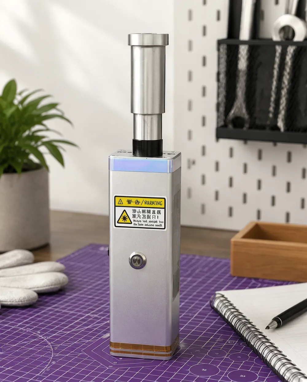 KyberSpark Core V2 on a desk in ambient indoor light, compact metal body beside common objects showing scale