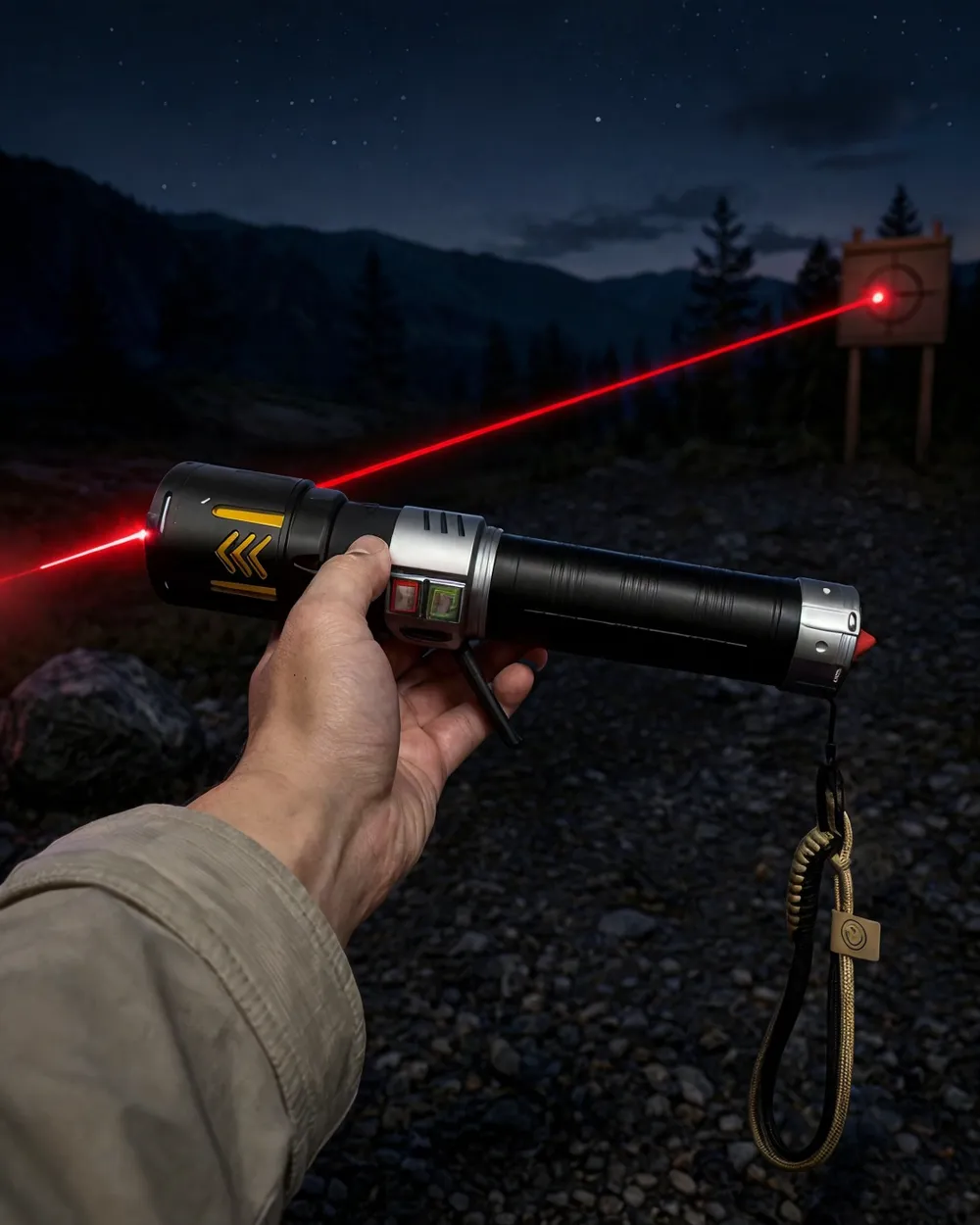 KyberSpark X held outdoors at night, thin red laser beam extending across dark environment, alloy body visible in silhouette