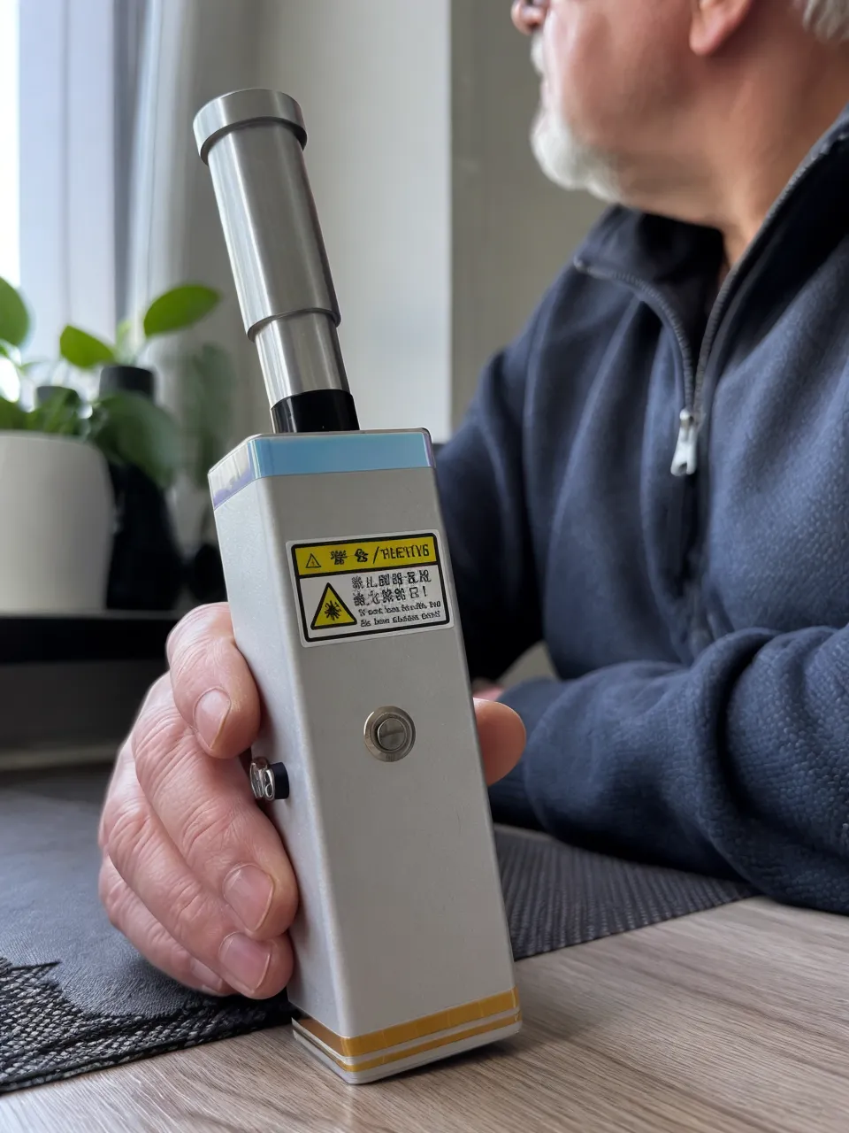 Bilingual Chinese and English laser warning label in sharp focus on the KyberSpark Core V2 device body, surrounding metallic surface partially visible in a close crop