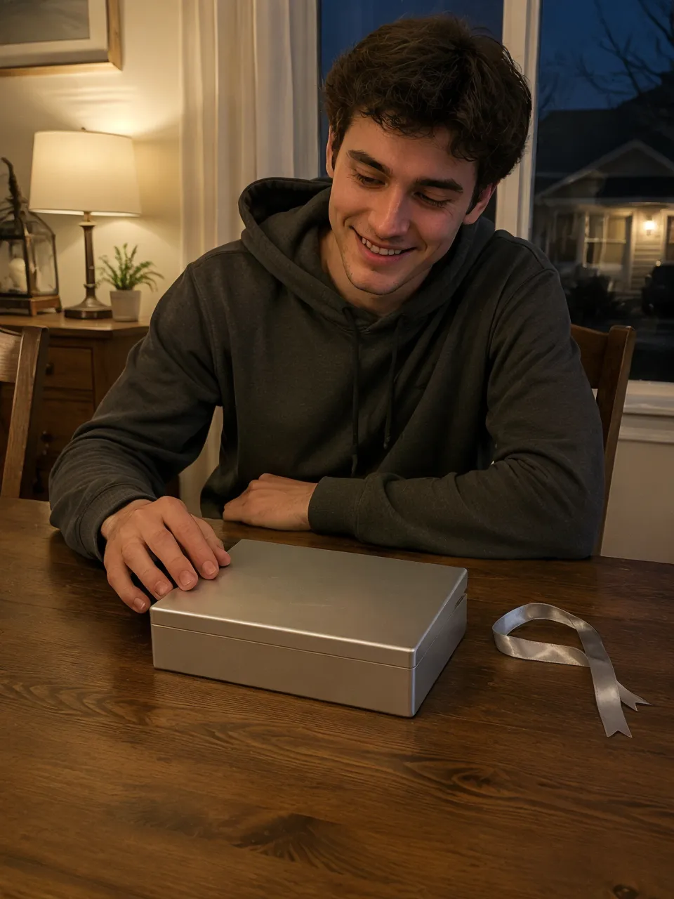 KyberSpark Core V2 aluminum-alloy box sitting closed on a dining table with a small ribbon visible to one side, product not yet opened, gift presentation context