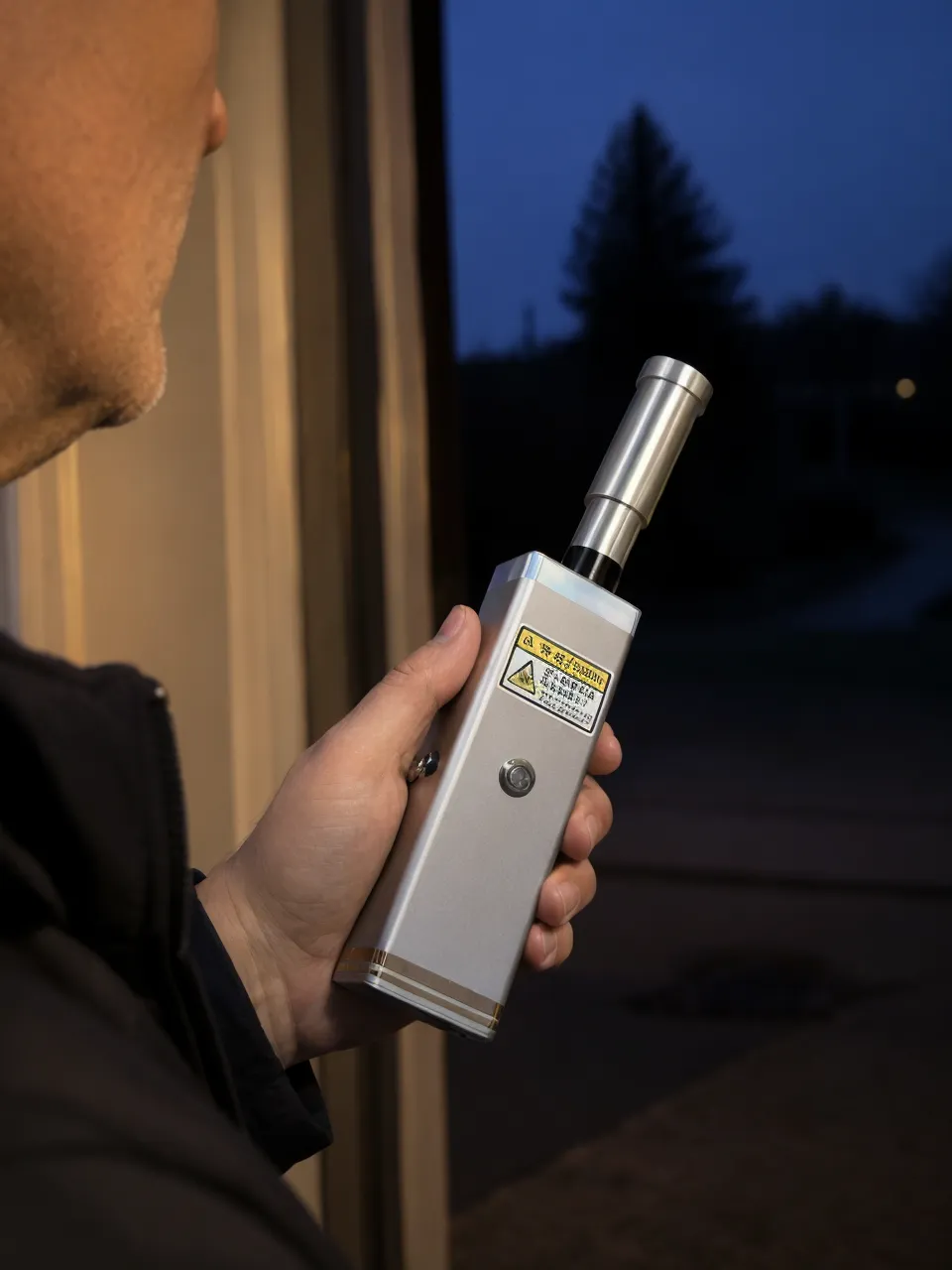 KyberSpark Core V2 pointed toward a dark background with the barrel in frame from a slight angle, no beam visible, showing the physical form factor in a low-light context