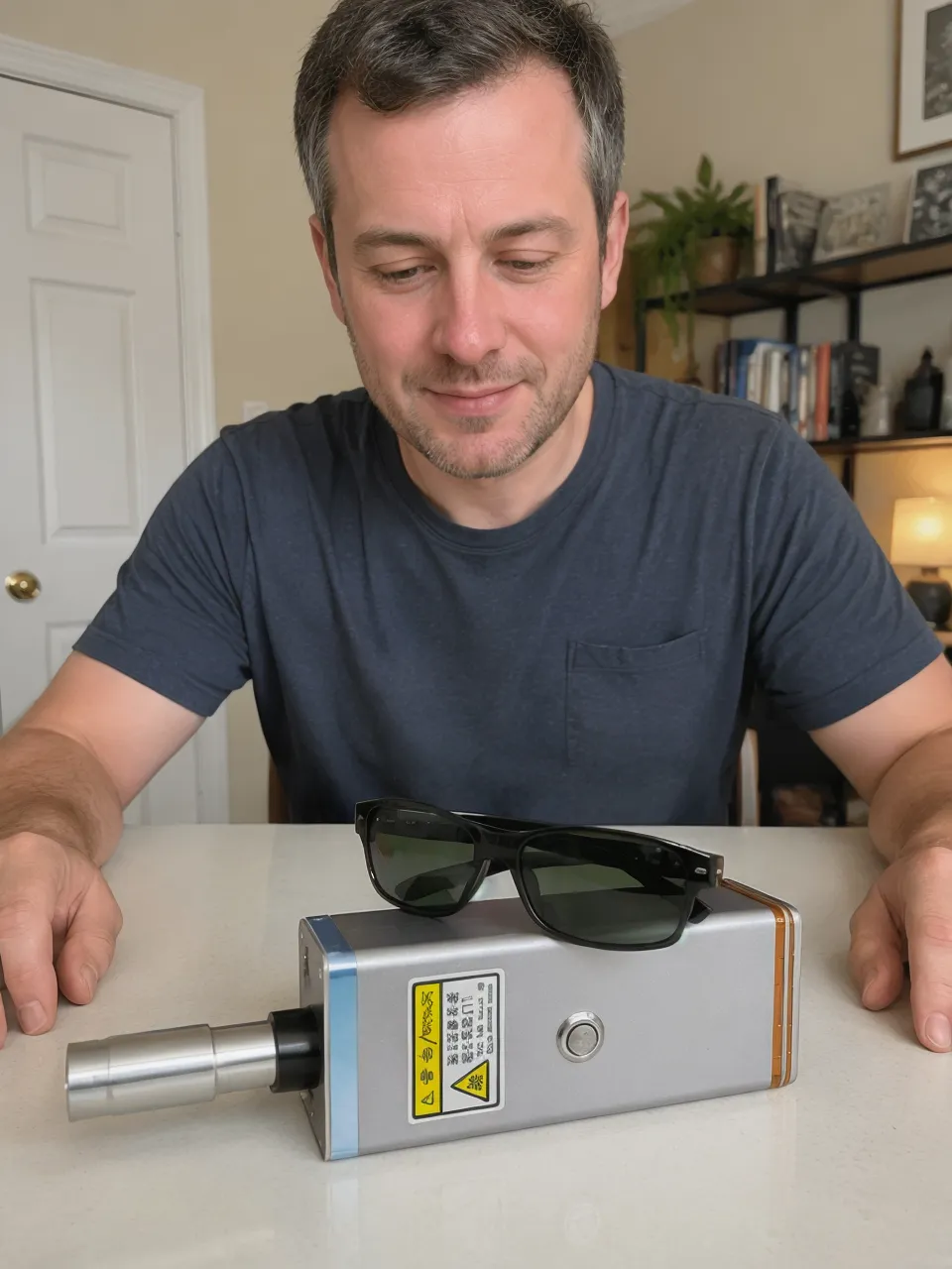 Anti-laser glasses lying flat across the KyberSpark Core V2 device body on a light-colored surface, both items visible in frame together