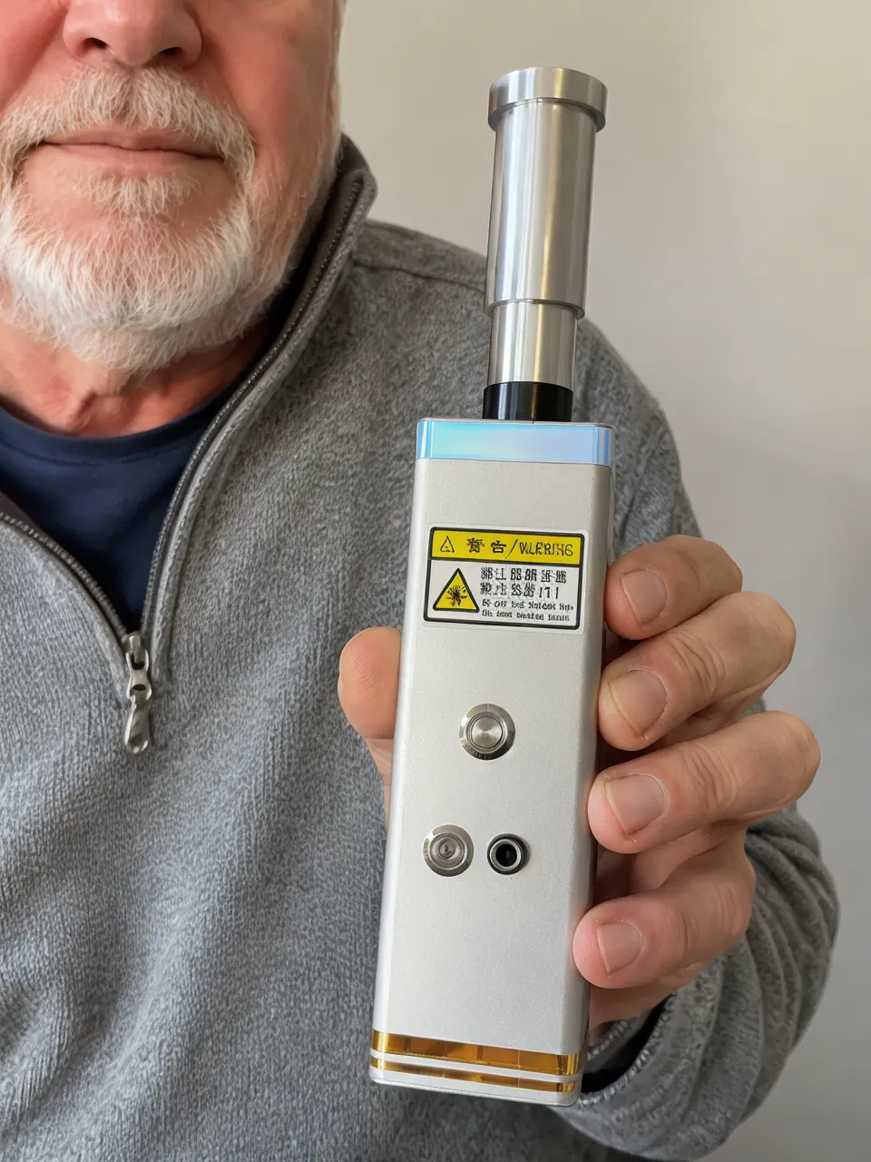 KyberSpark Core V2 held upright with a thumb near the power-symbol button, tight crop on the control face showing the button and nearby controls, neutral background