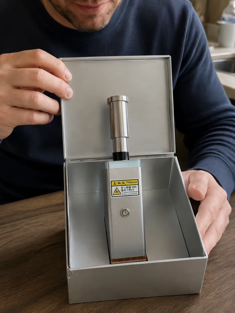 KyberSpark Core V2 aluminum-alloy box with a small scuff visible on one corner, lid open showing the device inside undamaged and correctly seated