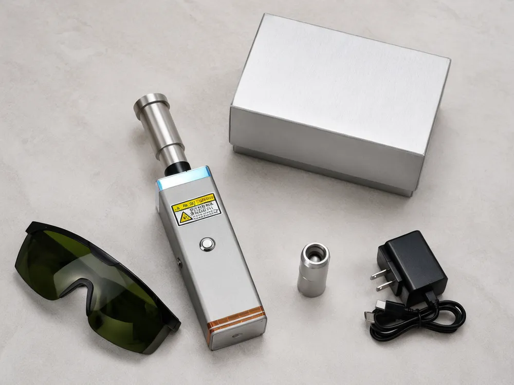 KyberSpark Core V2 with included dedicated charger, anti-laser glasses, small lens, and aluminum-alloy packaging box arranged together on a neutral surface