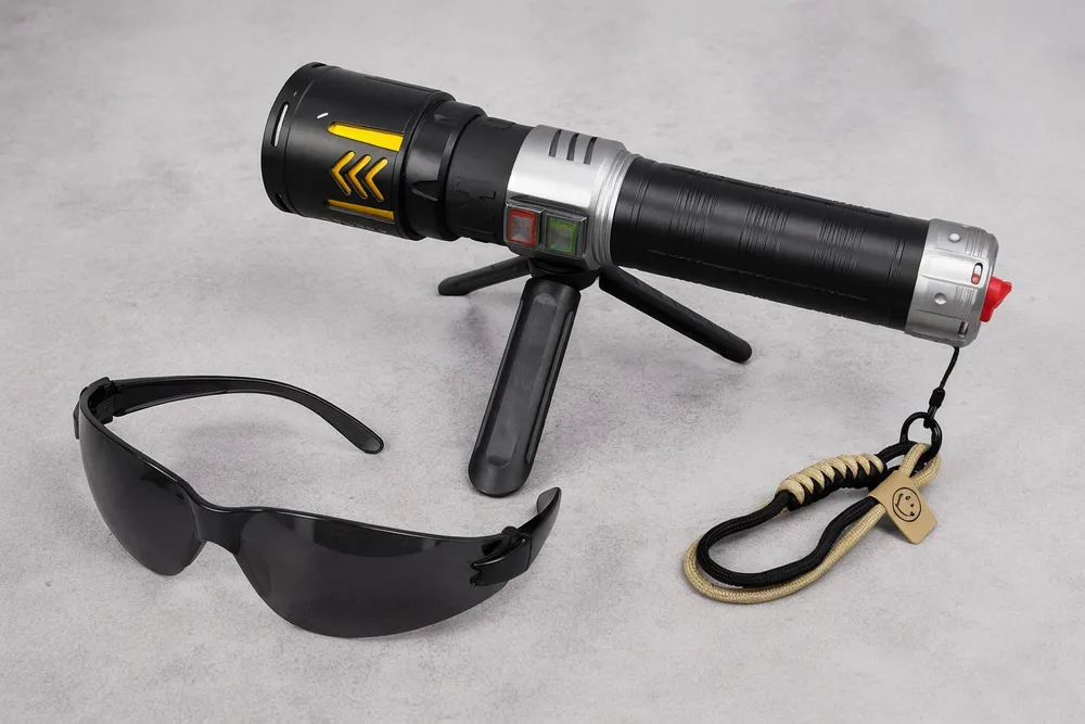 Protective goggles included with KyberSpark X laid flat beside the device