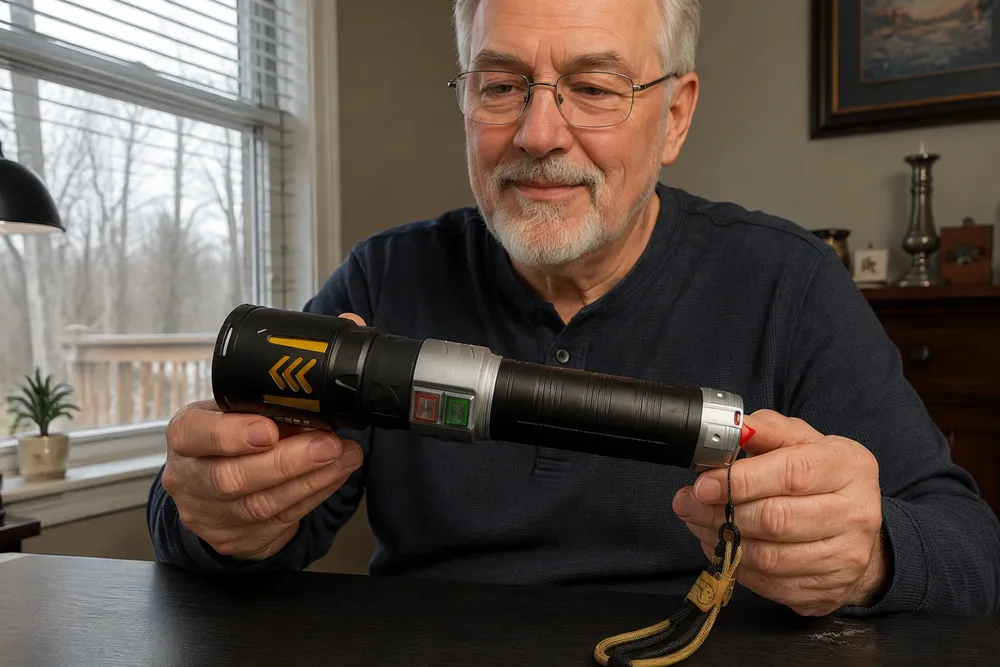 KyberSpark X medium lens accessory placed beside the device on a dark surface, both items clearly readable, showing the accessory as a separate included component
