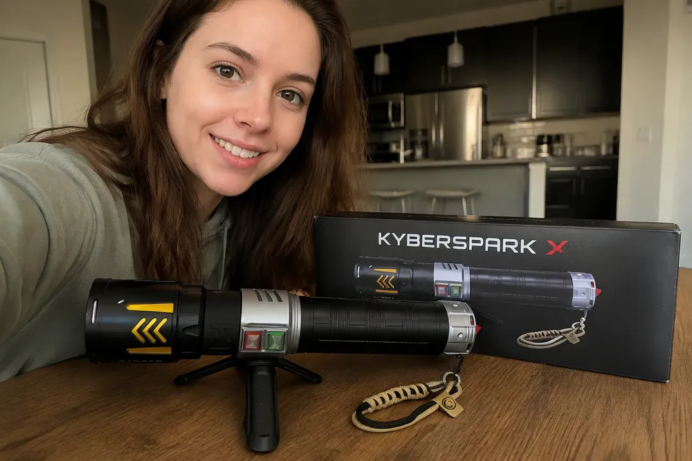 KyberSpark X outer packaging box with a slightly scuffed corner visible on one edge, device beside it showing it arrived intact and in normal condition