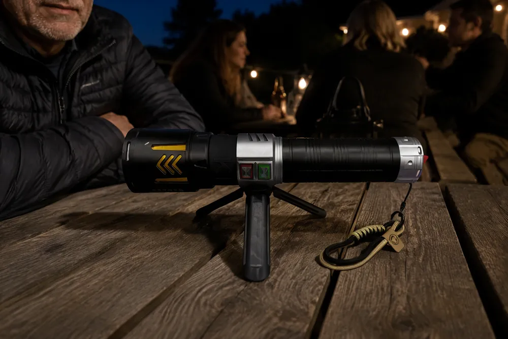 KyberSpark X on its fold-out bracket on an outdoor wooden picnic table at night, surrounded by a small group of people visible out of focus in the background