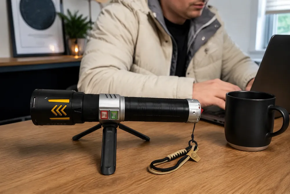KyberSpark X propped on its fold-out bracket on a wooden desk beside a coffee mug, showing scale and the black-silver-yellow body clearly