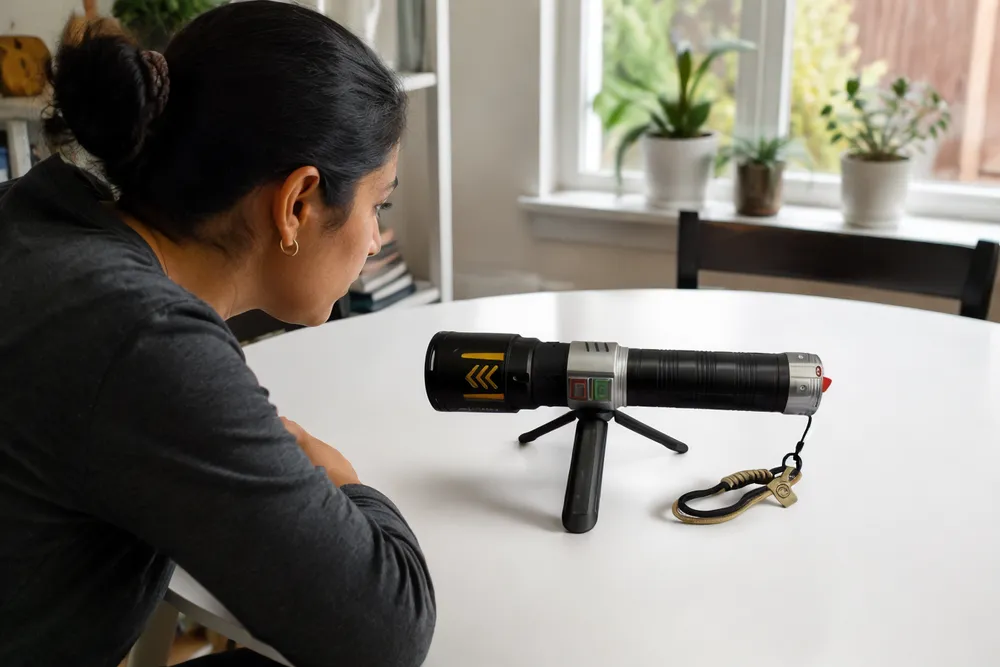 KyberSpark X full body on white surface, both rectangular controls clearly visible, tethered red end cap visible at one end, yellow accent details readable on the alloy body