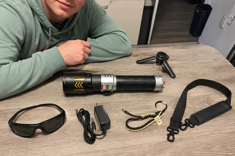 KyberSpark X packaging box open on a table with all included items laid out flat: device, bracket, goggles, charger, medium lens, straps — clear overhead unboxing shot