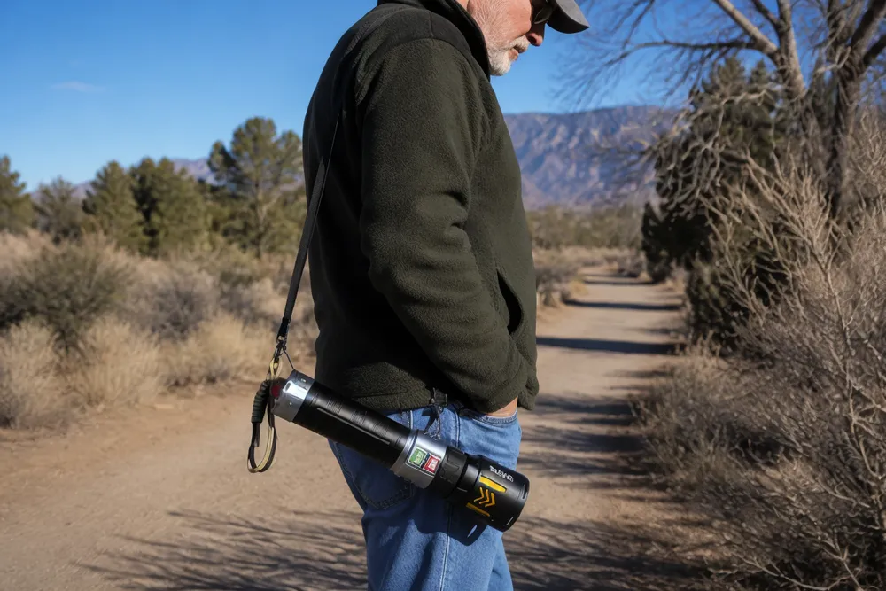 KyberSpark X shoulder strap attached and device hanging against a person's side outdoors on a trail, showing how the large form carries on a strap