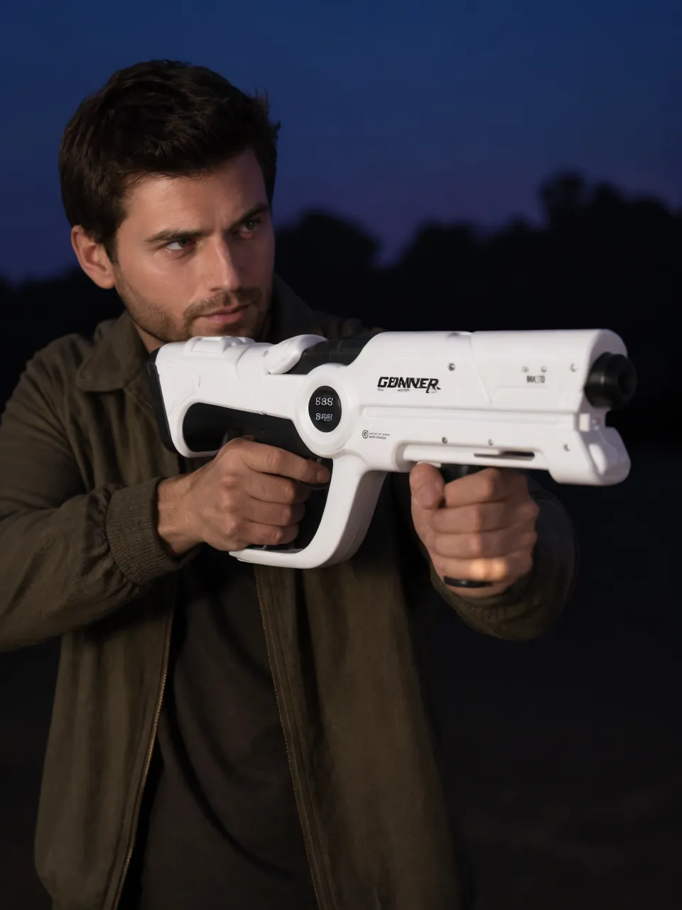 Person holding the Beam Cannon MK-V with both hands outdoors at dusk, unit pointed forward — dark background shows full silhouette and scale of the 54 cm body; no beam fabricated