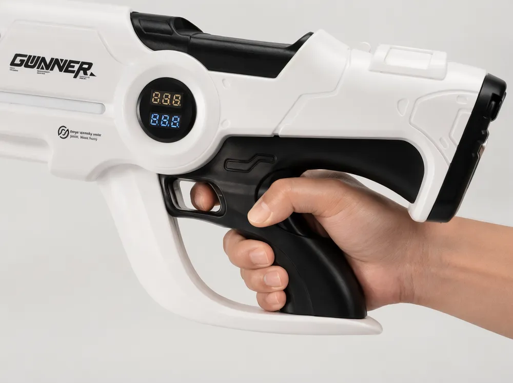 Close-up of the Beam Cannon MK-V trigger control and protective hand frame