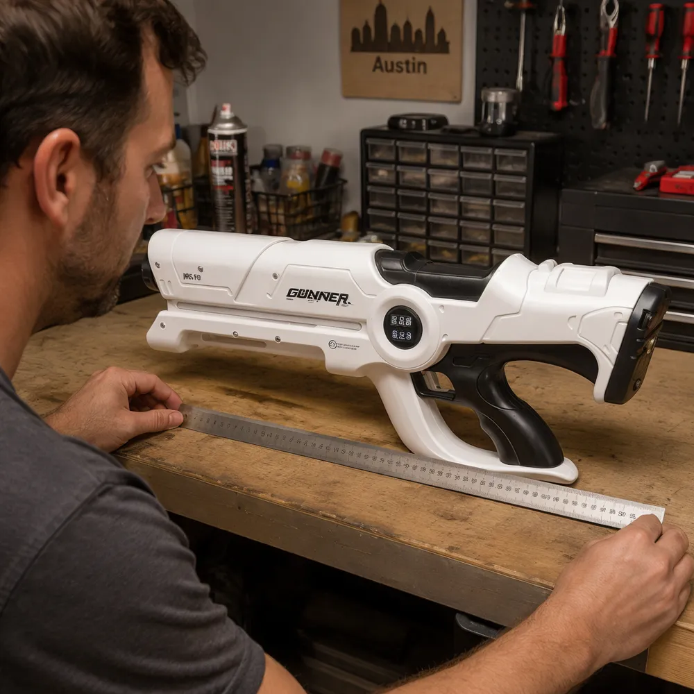Beam Cannon MK-V placed on a workbench with a standard ruler lying parallel to it, showing the 54 cm length against a familiar scale reference