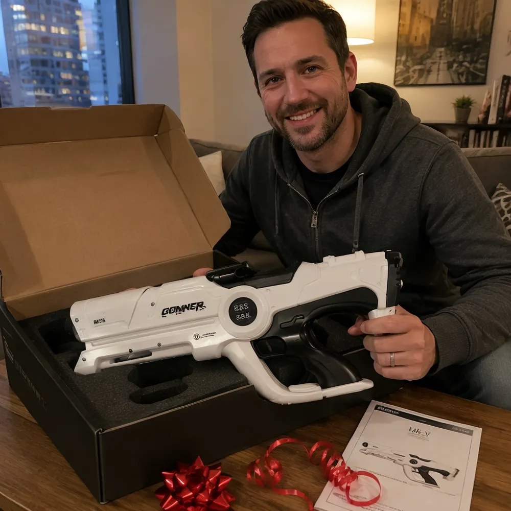 Beam Cannon MK-V resting inside its open packaging with a gift ribbon beside it, showing the unit and the box together in an unboxing moment