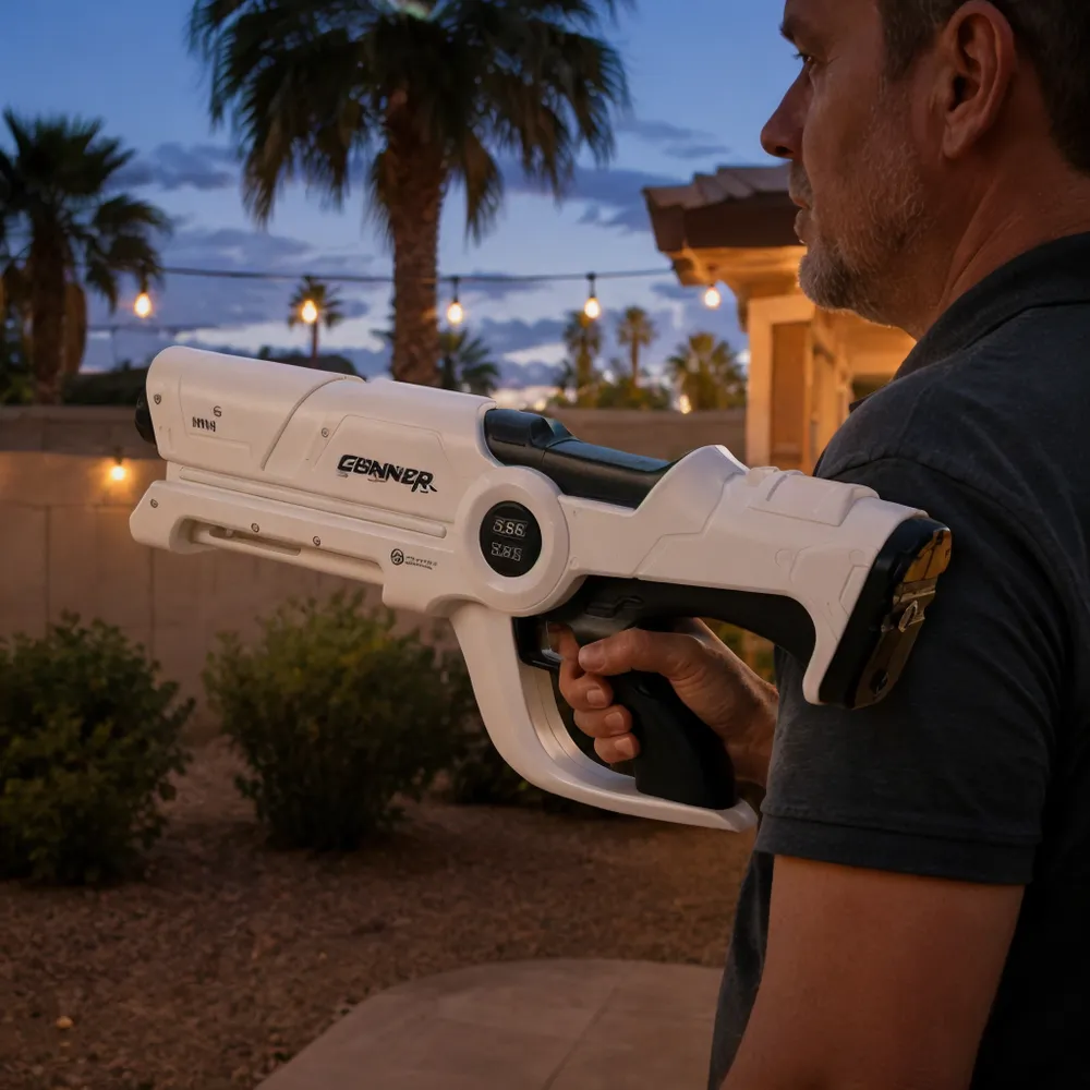 Right hand gripping the Beam Cannon MK-V trigger with the unit pointed forward at a slight downward angle, showing the trigger control and protective hand frame