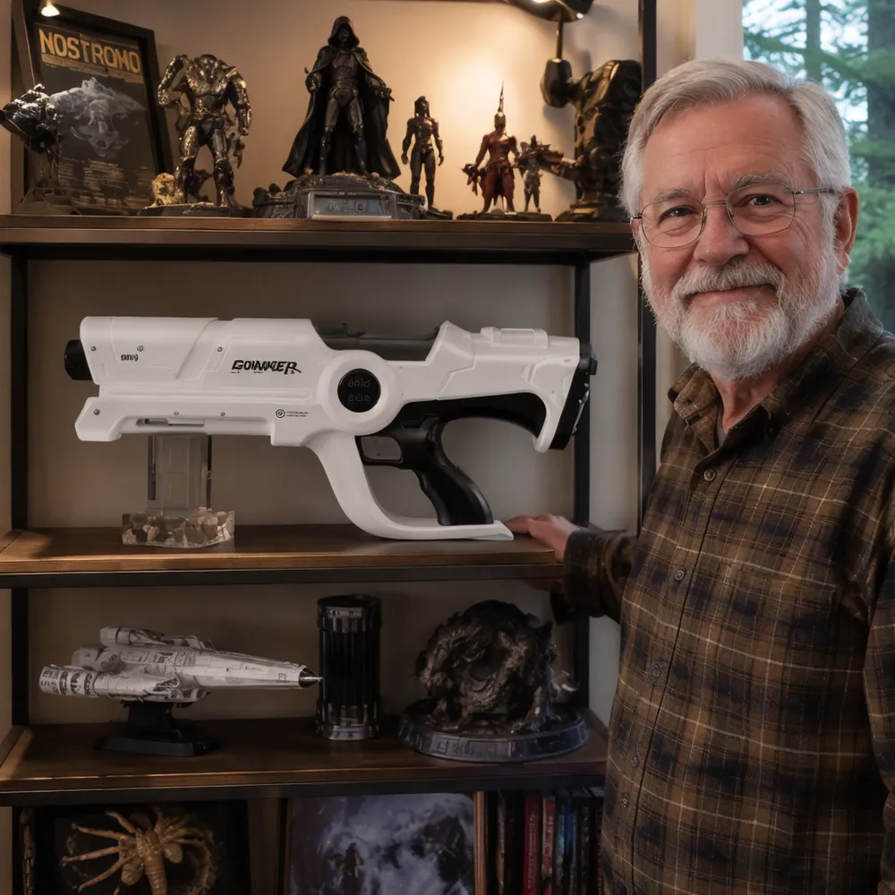 Beam Cannon MK-V displayed on a shelf between sci-fi collectibles, showing the full 54 cm white body in a collection context