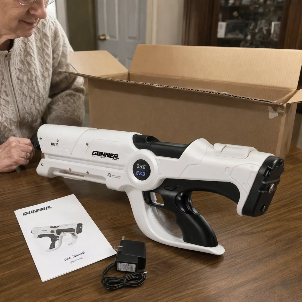 Beam Cannon MK-V beside its open shipping box showing a light corner scuff on the outer carton, with the unit removed and resting undamaged