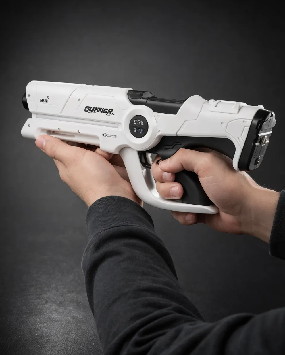 Beam Cannon MK-V held in two hands against a dark background, white body and black grip visible, unit length shown against a forearm for scale