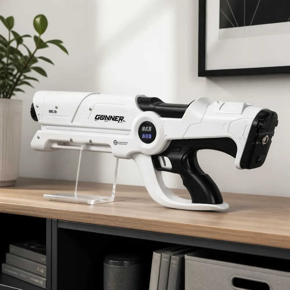 Beam Cannon MK-V placed on a surface indoors, illuminated display panel visible, being demonstrated by an adult in a dim room