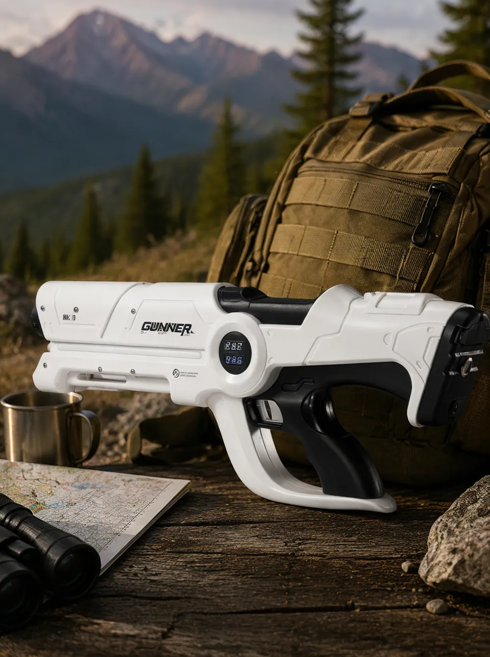 Beam Cannon MK-V aimed at a campfire kindling from a safe distance, red beam visible in low outdoor light