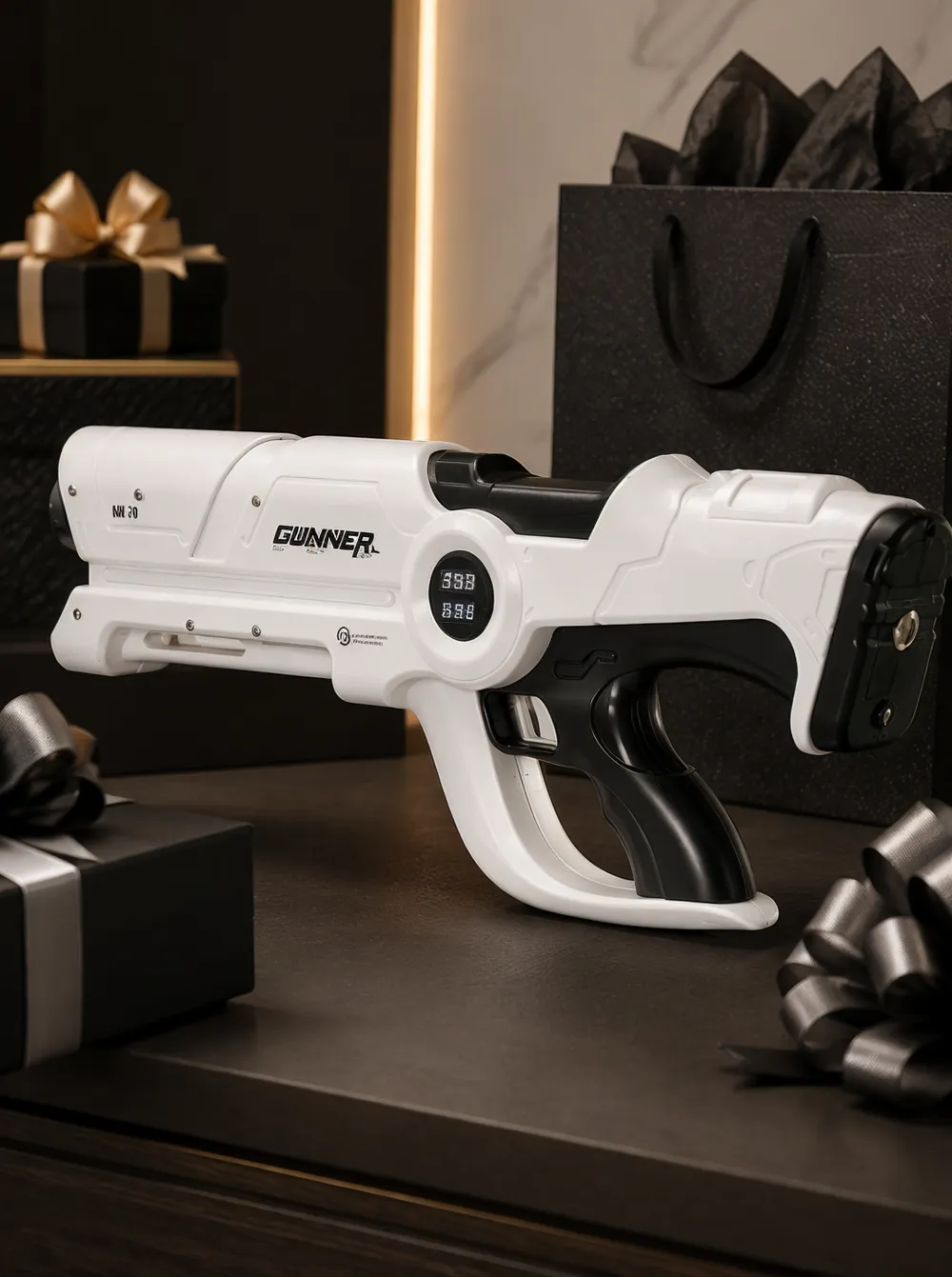 Beam Cannon MK-V resting inside its packaging, white body visible against the open box lid, presented as a gift