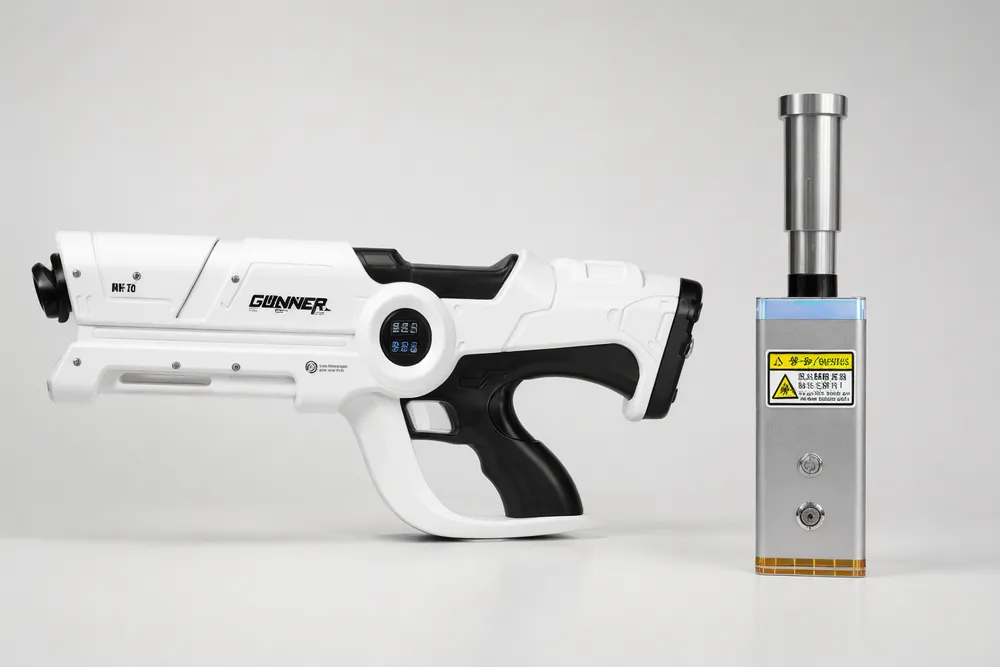 Beam Cannon MK-V and a compact 120W laser igniter placed side by side on a flat surface, size difference clearly visible