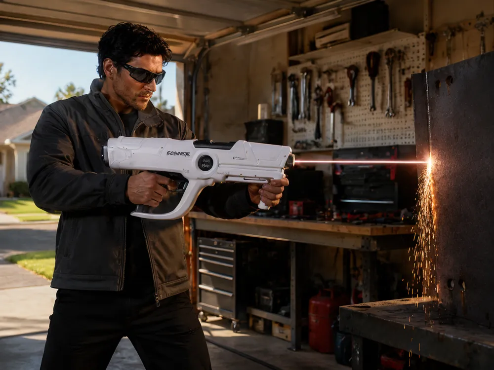 Adult holding the Beam Cannon MK-V with both hands outdoors, showing the full 54 cm white body and hand frame at scale